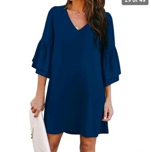 BELONGSCI Women's V-Neck Bell Sleeve Shift Mini Navy Blue Dress Sz M